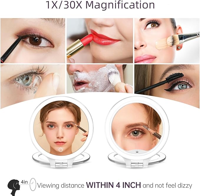 Famihomii Lighted Makeup Mirror, 30X Magnification for Precise Detail & 3 Color Dimmable Lights, Rechargeable Portable Travel Mirror with Long-Lasting 4000mAh Battery for Makeup, Skincare, Eyebrows