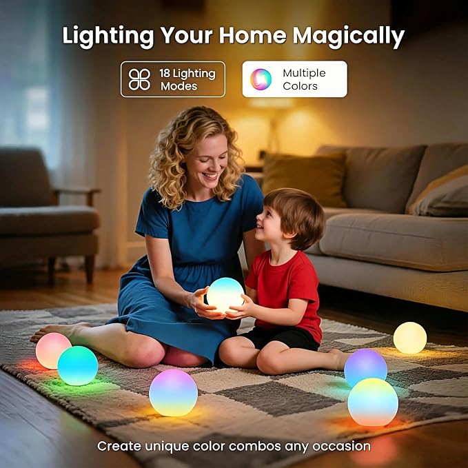 LOFTEK 3-inch Rechargeable LED Ball Lights, Sphere Night Light, 18 Modes RGB Color Glowing Mood Lighting, IP65 Waterproof Ambient Light for Home Bedroom Patio Pool Bathtub Decorative Lighting, 1 Pack