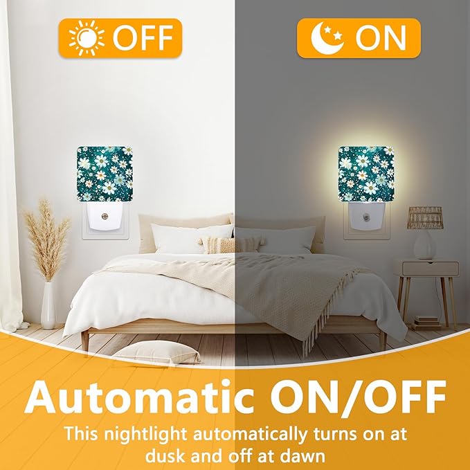 Daisy Flower Night Light, Plug-into Green Glitter Nightlight White LED Lamp, Energy Efficient Decor Desk Lamp for Bedroom Hallway Stairs Bathroom