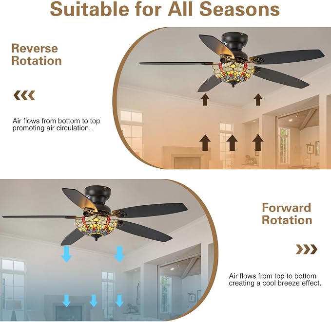 Tiffany Ceiling Fans with Lights-52"Ceiling Fan Chandelier and Glass Shade | 52" Ceiling Fan Chandelier with 5 Dual-Blades and Glass Shade, 6 Speeds and Reversible, Indoor and Outdoor, Retro Style
