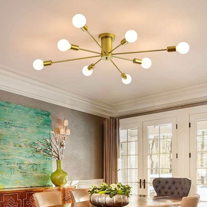 Garwarm 8-Light Sputnik Ceiling Light Modern Semi Flush Mount Ceiling Light Mid Century Gold Chandelier Pendant Lighting for Kitchen Dining Room Bedroom