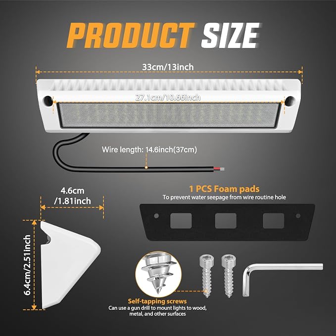 Nilight 1PC 13 Inch RV Exterior Light White Beam for RV Trailer Camper SUV | 1PC LED porch scene cargo light, white aluminum housing, 12V 24V waterproof for RVs trailers campers 5th wheels