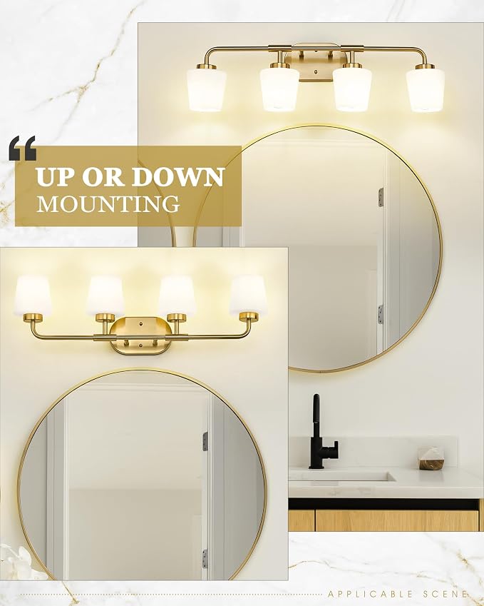 Bathroom Light Fixtures Over Mirror, 4-Light Brushed Gold Vanity Lighting Fixtures with Milk White Glass, Farmhouse Champagne Bronze Wall Sconces Lighting, AD-22004-4W-GD