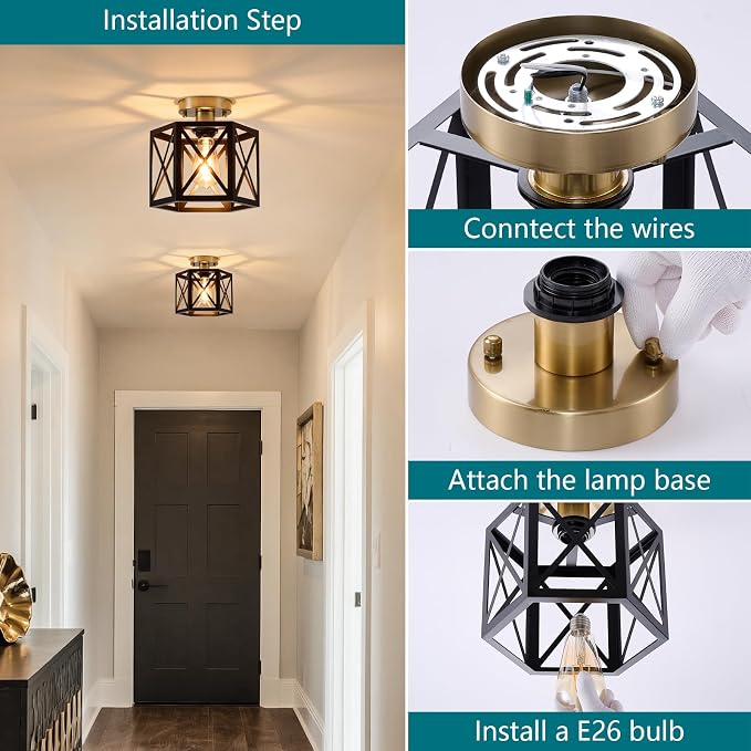 XSDeTu Black Gold Flush Mount Ceiling Light Fixtures, Farmhouse Ceiling Lights with Hexagonal Metal Cage, Modern Close to Ceiling Lamp, Small Chandelier for Kitchen Hallway Porch Bedroom, 2 Pack