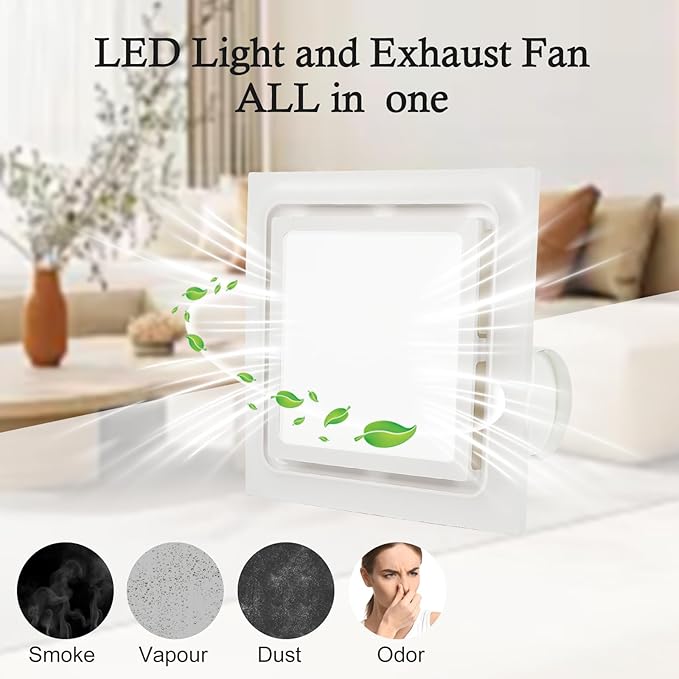 Bathroom Exhaust Fan with Light 145 CFM, 11.8" Panel, 1.0 Sone Low Noise，Cutout Size 10" x10"，Duct 4 Inch Quiet Bath Ceiling Vent Fan Combo with 6500K 1200LM LED Light, for Bathroom, Laundry, Shower