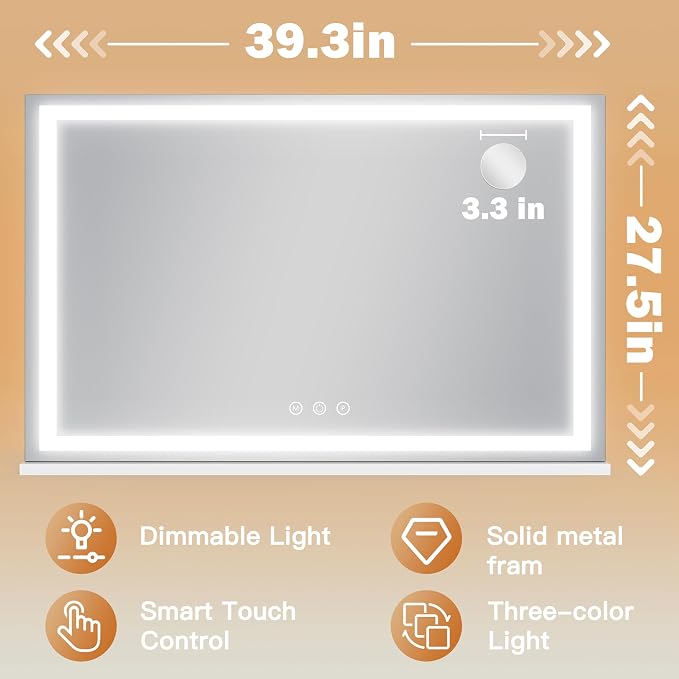 ROLOVE 39" x 28" Extra Large Vanity Mirror with Lights, Lighted Makeup Mirror with USB Charging Port & 10X Magnifier, 3 Color Dimmable Smart Touch, Wall Mounted or Tabletop Desk Mirror, White