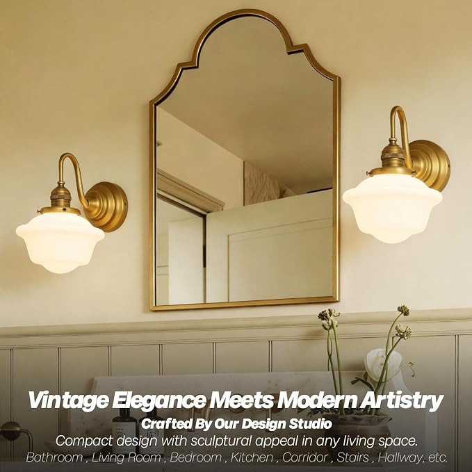 Vintage Wall Sconce Brass Gold Milk Glass Bathroom Vanity Light | 1 Pack,Bathroom Light Fixtures,Antique Brass,Frosted Milk Glass,Hardwired Only,E26 Base,for Bathroom Mirror Hallway