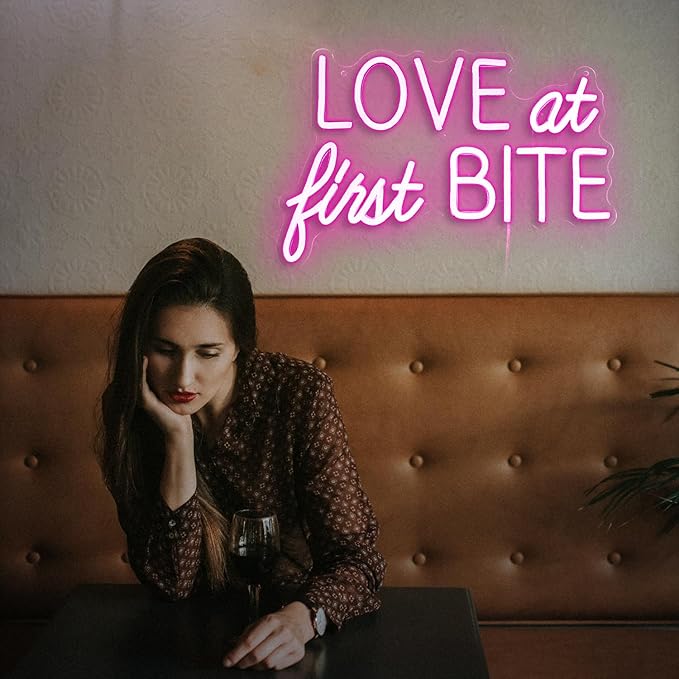 Love At First Bite Neon Sign Led Pink Words Neon Light Sign Wall Art Neon Light For Wedding Light Up Sign For bedroom Bar Pub Party 15.7"X10.2"）