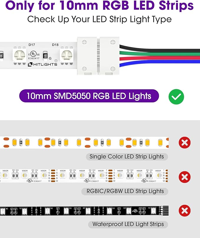 HitLights 12 Pack 10mm 4 Pin RGB LED Strip Connectors - 6 Inch Solderless Connectors for 5050 Color Changing LED Tape Light, Kitchens, Cabinets and More