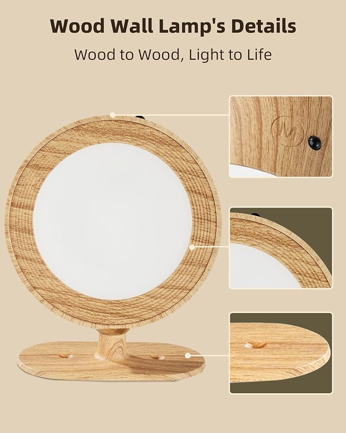 LED Wall Mounted Lights, Rechargeable Wall Sconces, 3 Color Temps, Remote & Touch, 360° Rotating and Dimmable for Bedroom, Bedside & Reading (Wood, 2 Pack)