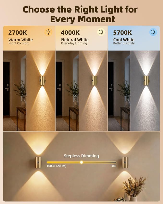 EZVALO Motion Sensor Wall Sconce with Remote, Battery Operated 4000mAh Rechargeable Wall Light, 3 Color Temperatures & 12 RGB, Up & Down LED Lighting for Hallway, Stairway (Brushed Gold, 1 Pack)