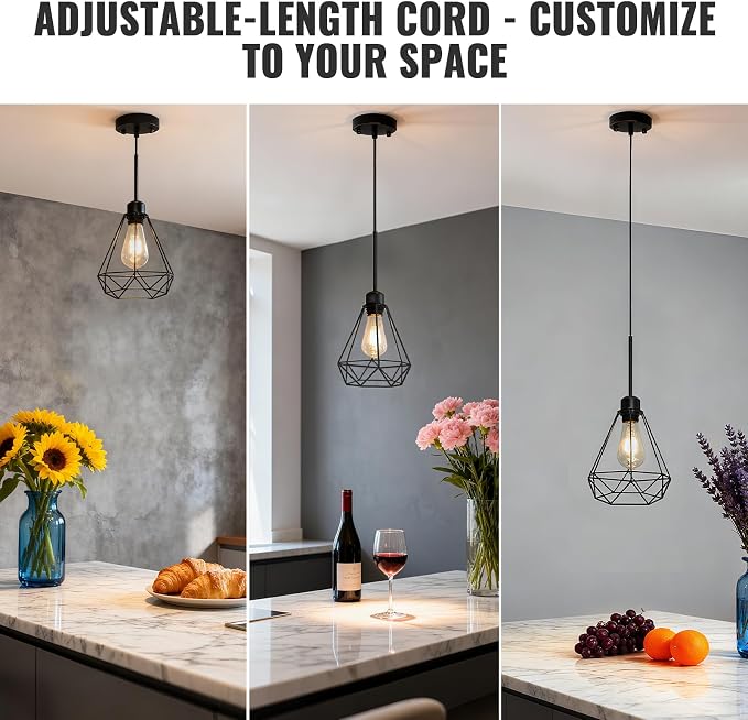 Maliralt Pendant Light Hanging Lights Fixture - Black Industrial Hanging Lamps with Metal Diamond Shade for Kitchen Island, Dining Room Over Table, Breakfast Corner, Farmhouse Home Decor - 2 Pack