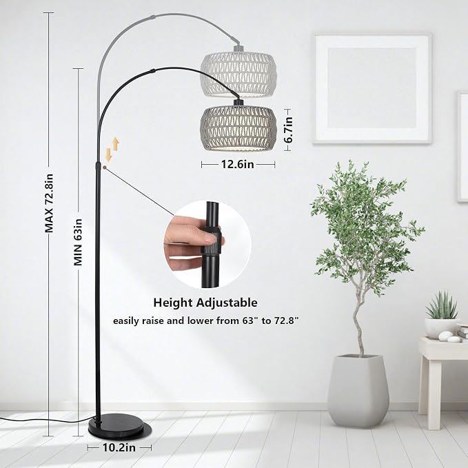 Arc Standing Lamp, Boho Floor Lamps for living room with Remote and LED Dimming Bulb, Rattan Tall Lamp for Bedroom with 3 Color Temperatures, Height Adjustable Farmhouse Stand up Light for Office