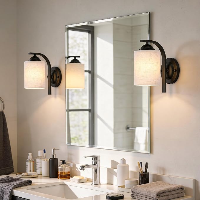 Wall Sconces Lights Lamp for Bedroom Bathroom, Modern Vanity Light Fixtures, Matte Black Farmhouse Wall Mount Lighting Lanterns with Fabric Shade for Living Room Mirror Hallway Kitchen