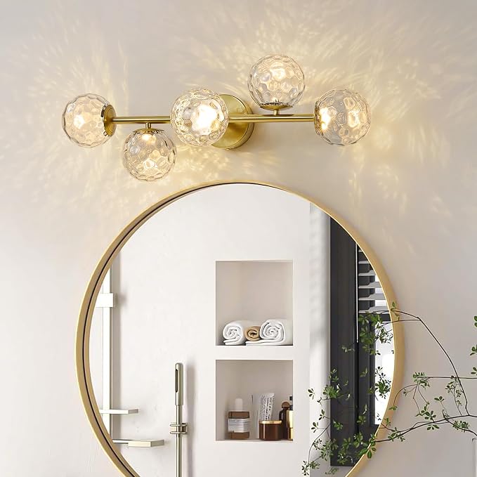LED Brushed Gold Modern Hammered Glass Globe Bathroom Vanity Light | Hammered Glass Globes, Stunning Ripple Reflections, Mid Century Modern Design, Brushed Gold Finish, Integrated LED Source