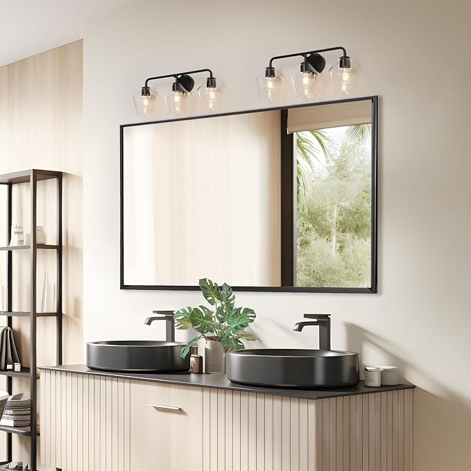 KSANA Bathroom Light Fixture, Modern Black Vanity Lights Over Mirror 3 Light Bathroom Lighting with Clear Glass