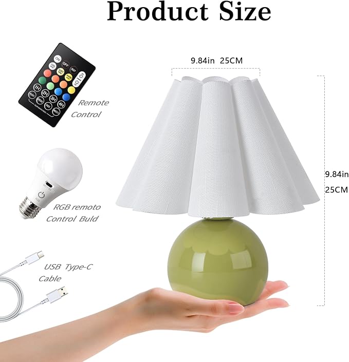 Rechargeable Cordless Green Small Table Lamp, Battery Operated Remote Control LIght Mini Cute Table Lamps for Bedroom Nightstand, Cute Small Table Lamp for Small Spaces for Kitchen Counter, Bookshelf