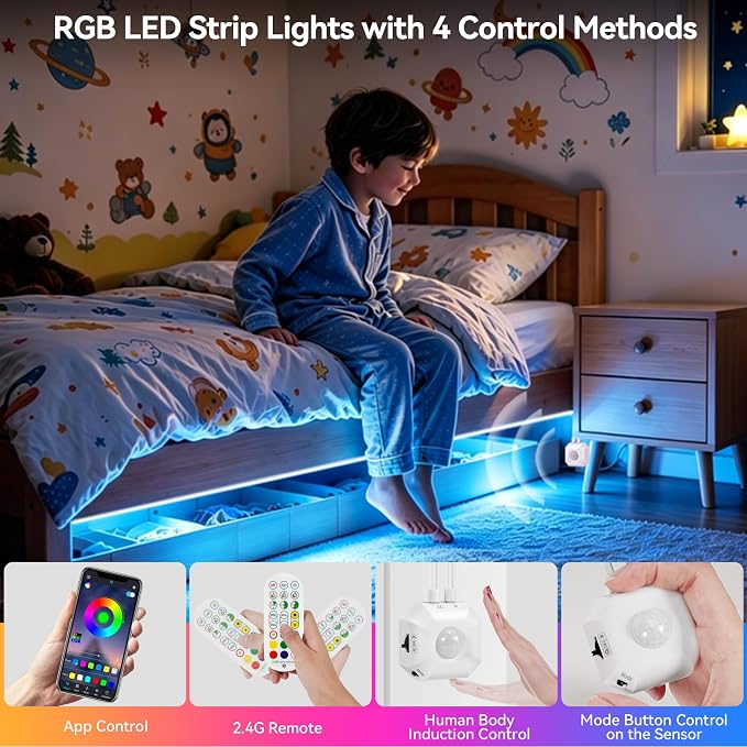Motion Sensor LED Light Strip RGB 19.7Ft for Bed Stair,Remote & App Control | Motion Activated LED Strip Lights Color Changing Under Bed Night Lighting Indoor, Music Sync, USB Powered for Bedroom Kitchen