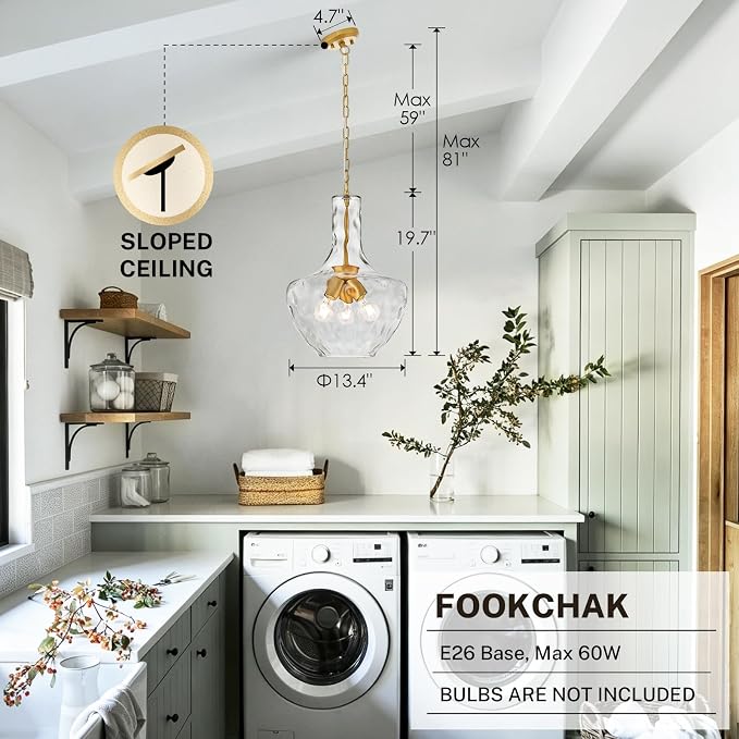 Modern 3-Light Gold Pendant Light Hammered Glass Kitchen Island Light Large Glass Pendant Lights Over Sink Brass Hand-Blown Glass Hanging Light for Kitchen Dining Room Hallway Entrance