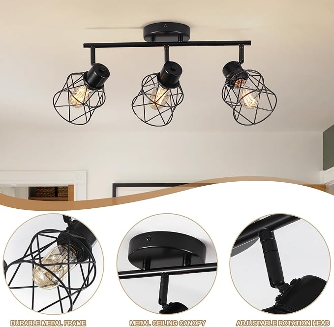 3 Lights Adjustable Multi-Directional Black Light Fixtures, Semi Flush Mount Ceiling Light, Kitchen Light Fixtures, Track Lighting Fixtures Metal Cage Industrial Spotlight Fixtures for Dining Room