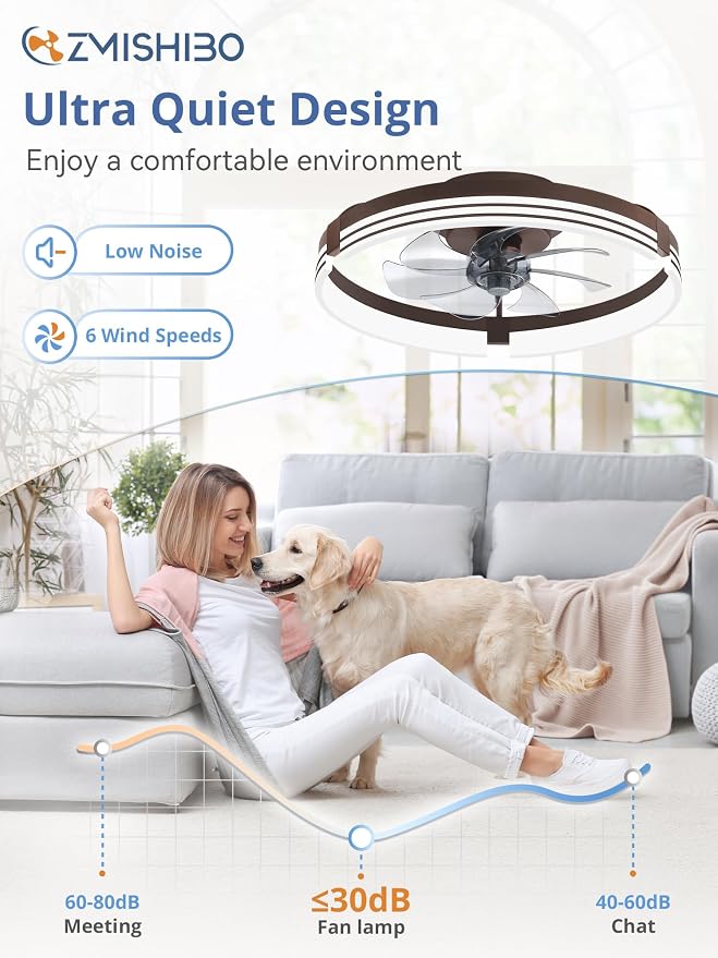 ZMISHIBO Low Profile Ceiling Fans with Lights and Remote, 20" Brown | 3000K-6000K Dimmable Fandelier LED, Flush Mount, 6 Wind Speeds, Reversible, Timer, Bedroom, Living Room, Kitchen, Kids Room