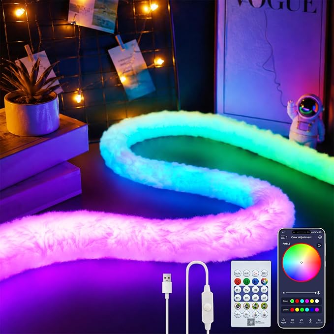ZSLAIFU 16.4FT Plush USB Neon Rope Lights, 360° Luminous RGB+IC USB LED Light Strip with Remote and APP Control, Music Sync LED Lights for Bedroom Gaming Party Decor