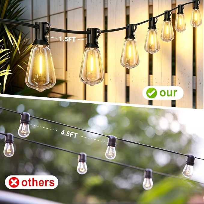 Achin 50FT Solar String Lights Outdoor with 32 LED Bulbs 1.5FT Bulbs Spacing,Patio String Lights Whith Remote, IP65 Waterproof, 3600mAm Battery (50FT 32Bulbs)