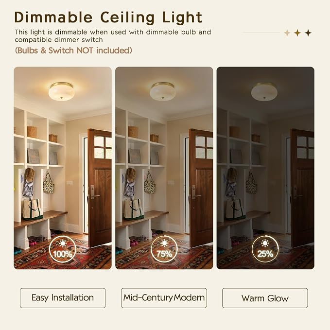 2-Light Brushed Gold Ceiling Light, 11.02 in Milky White Glass Shade | Mid-Century Modern Flush Mount Ceiling Light, E26 Ceramic Socket, Hallway, Kitchen, Bedroom, Bulb Not Included