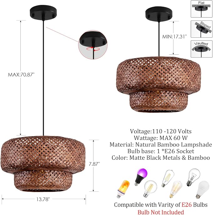 TeruTeru Ji Kaikang Bamboo Pendant Light,13.8" Brown Rattan Hanging Light | Boho Curry Bamboo Rattan Pendant Lights,Hand Woven Rattan Chandelier for Kitchen Island Dining Bedroom Living Room