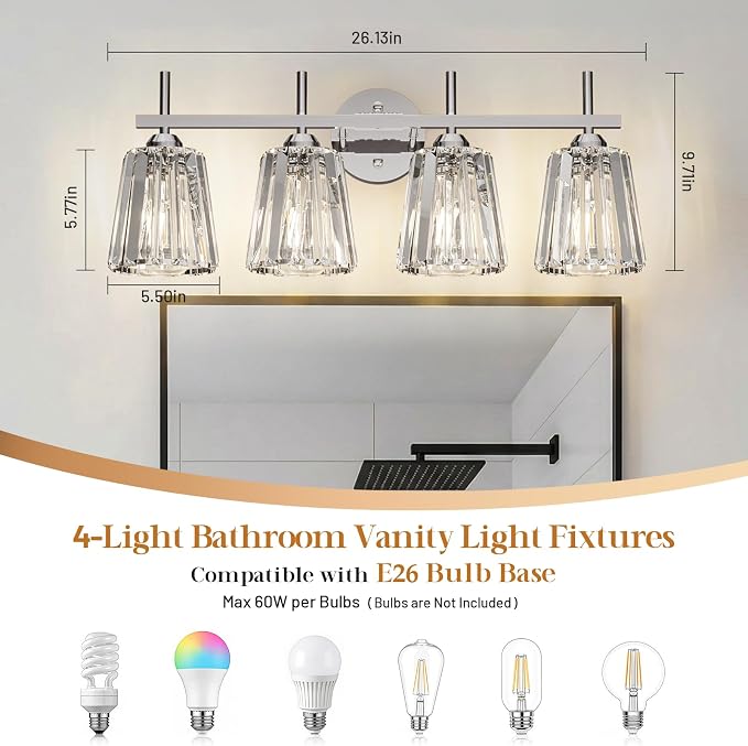 Crystal Bathroom Light Fixtures Over Mirror, Chrome 4-Light Bathroom Vanity Lights Over Mirror Modern Wall Lighting Sconces with Ceramic E26 Base (Bulbs Not Include)