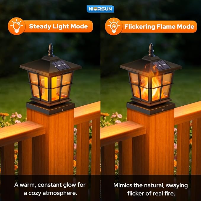 4x4 Post Solar Lights, Solar Post Lights Flame Light, 6 Pack Black | Solar Post Cap Lights, 4x4 Post Caps & 5x5 Wood Vinyl, IP64 Waterproof Fence Post Solar Lights Outdoor,Solar Deck Post Lights
