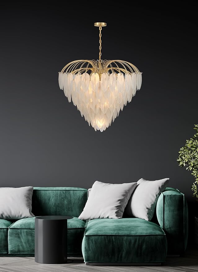 Savoy House 1-3505-15-322 Boa Breegan Jane Designed Mid-Century Bohemian Clear Frosted Glass Feather Chandelier, 15-Light 900 Total Watts, 30" H x 34" W, Warm Brass