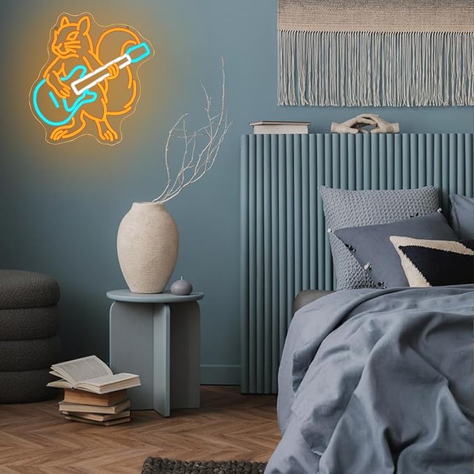 Squirrel Guitar Neon Sign for Wall Decor Beer Bar Guitar Neon Light, USB Powered Orange Squirrel Music Led Light Sign for Bar Live Music,Man Cave,Home, Party,Office, Bedroom