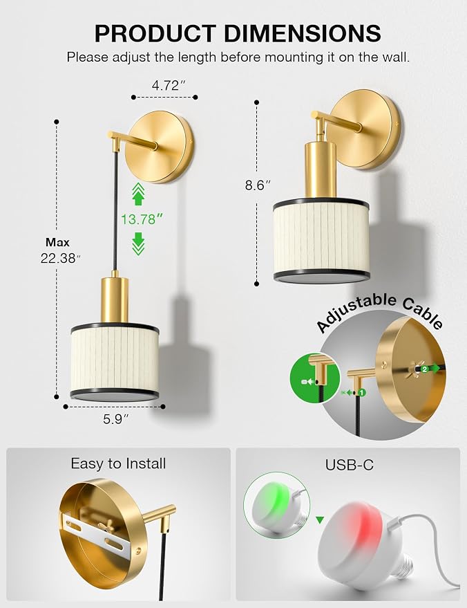 Battery Operated Wall Sconce Set of 2, Black Gold & Off-White Wireless Rechargeable Wall Lights with 5200mAh Dimmable Detachable Bulbs and Remote, 9 Colors Sconces Wall Decor for Living Room