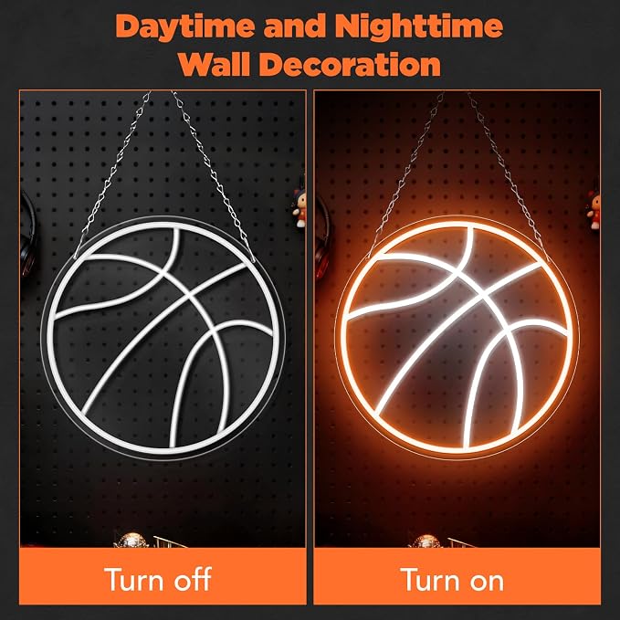 Basketball Neon Sign, Dimmable LED Basketball Neon Light, USB Powered Wall Decor for Bedroom, Kids Room, Man Cave, Game Room, Sports Party, Basketball Gifts for Fans