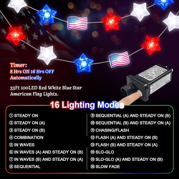 Red White and Blue Patriotic String Lights, 33FT 100 LED Plug in Fairy Lights with 16 Lighting Modes & Timer, 4th of July Decorations for Independence Day Memorial Day Home Garden Decor