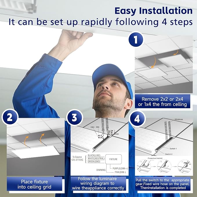 2x4 LED Flat Panel Light LED Drop Ceiling Light Fixture, 5 CCT 3000K-6500K Adjustable & 5 Wattage Selectable Recessed Back-Lit Fixture for Office, ETL Listed(4Pack 2x4)