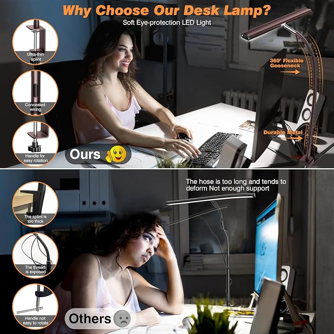 Airlonv LED Desk Lamp with Clamp, 17" Stepless Dimming Light, Brown | 2700K-6500K, 100 LEDs, 360° Gooseneck, Fits Up to 30" Monitors, Flicker-Free Lighting for Home Office, Study& Workbench
