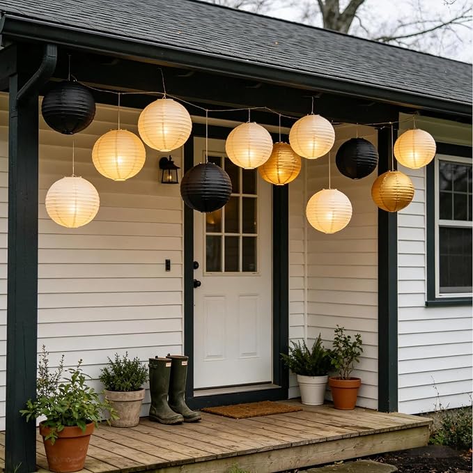 Cream Black Gold Chinese Paper Lanterns with LED, 10-Pack 12inch | Hanging Lights for Engagement Party, Modern Wedding, Anniversary, Birthday Decorations & Art Deco Party