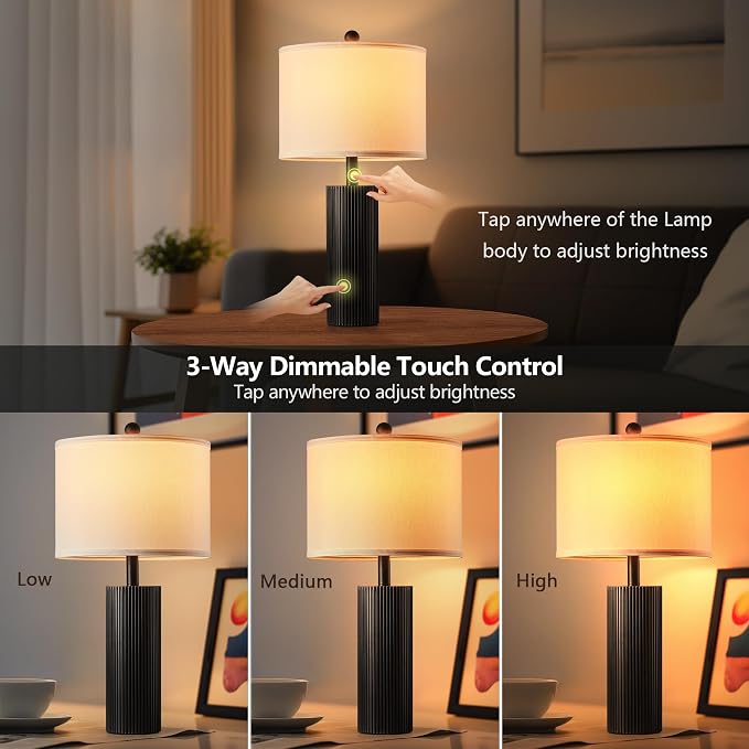 24.5" Black Lamps Set of 2, Modern Table Lamps for Living Room with USB C+A Ports, Creative Stripe Touch Lamps for Nightstand, 2 Bulbs Included