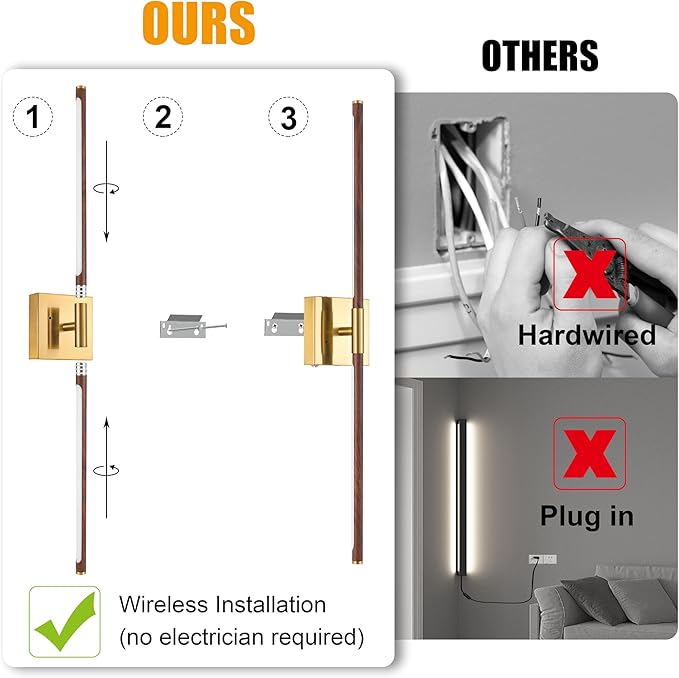 36 Inch Battery Operated Wall Sconces Set of 2, Dimmable Battery Wall Sconce with Remote Control, Walnut Gold LED Rechargeable Sconces, Modern Wireless Wall Lights for Bedroom, Living Room