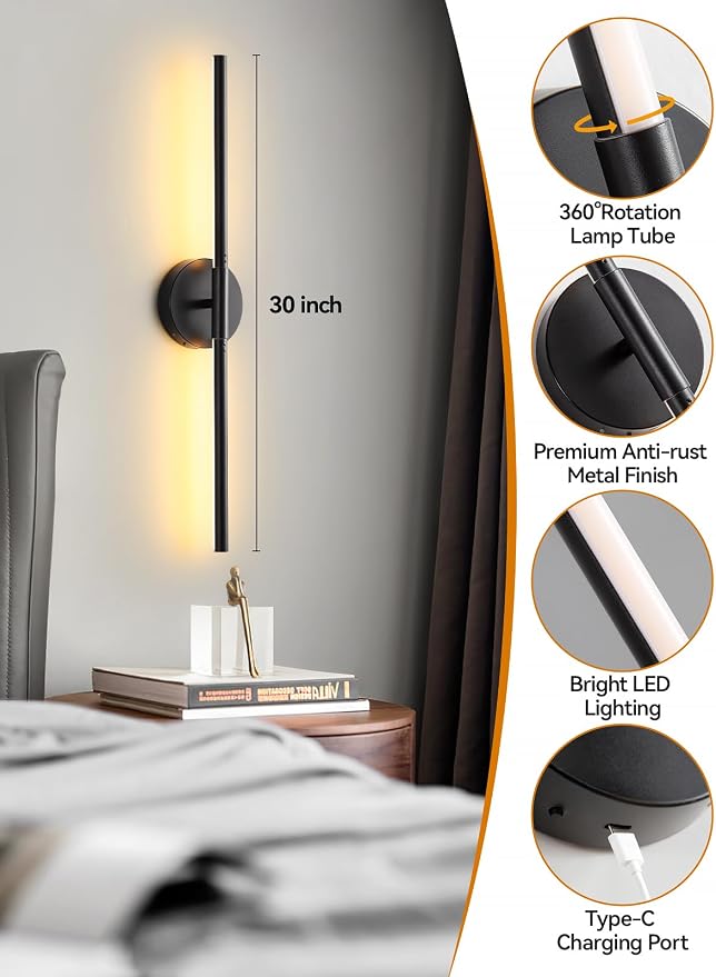 Battery Operated Wall Sconces, 30 Inch Rechargeable Wireless Wall Lights | with Remote & Touch Control, Dimmable LED Wall Sconce, 3 Color Temperatures, Timer, Black Modern Wall Lamp for Bedroom
