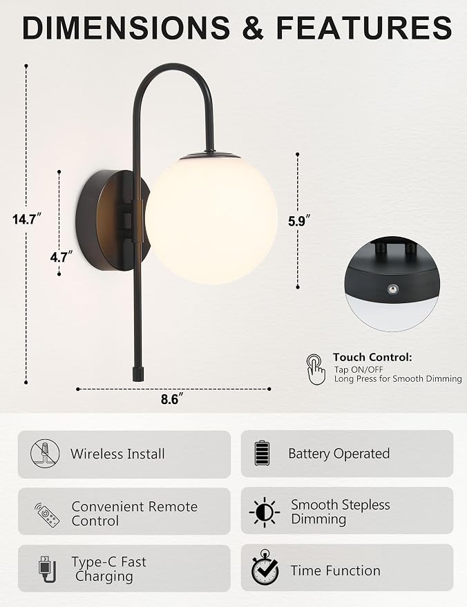 Battery Operated Gooseneck Wall Sconces, Matte Black Globe Glass Set of 2