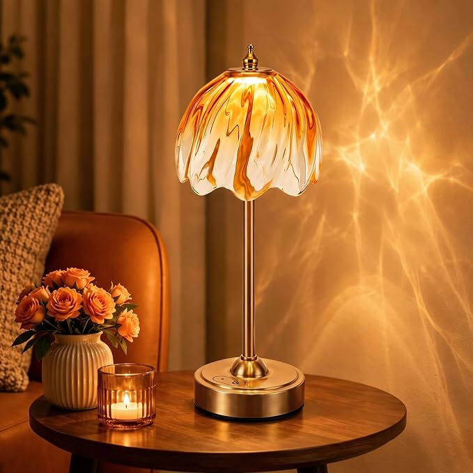 Nusogon Cordless Flower Table Lamp, 5200mAh Small Rechargeable Touch Lamp | 3 Color & Stepless Dimming, Amber Gradient Glass Desk Lamp for Bedroom, Office, Kitchen, Nightstand, Room Decor