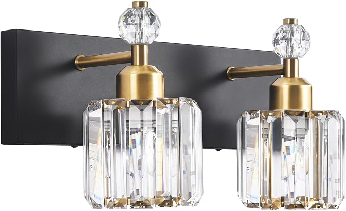 PRESDE 2-Crystal Bathroom Vanity Light Modern Black and Gold Bathroom Lights Fixtures Over Mirror Modern Bath Wall Lighting