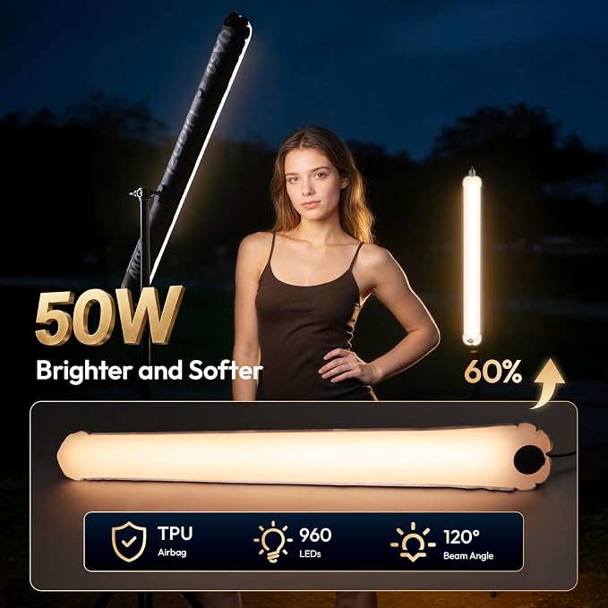 ULANZI UA50 50W Wired Bi-Color Inflatable Light Tube for Photography | Without Charger, 2700K-6500K CRI≥95 TLCI≥96, 5 Level Adjustment Magnetic Portable Lighting Bar for Video Recording & Portrait
