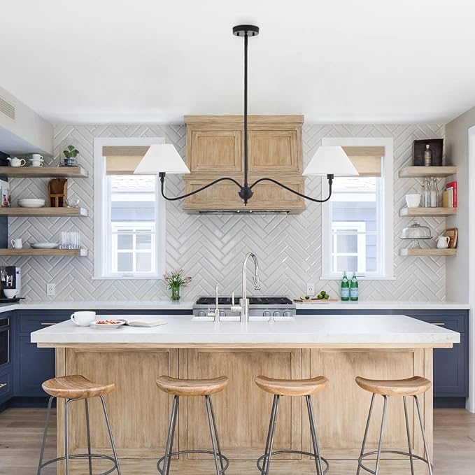 Modern Linear Chandelier for Kitchen Island, 2-Light Linear Light Fixture with Off-White Fabric Shade, Rustic Pendant Light for Dining Room