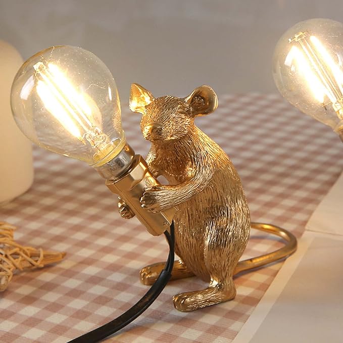 Modern Cute Art Mouse Table Lamp Children's Bedside Gift Mini Mouse Lamp LED Resin Animal Small Mice Desk Lights (Gold Sitting)
