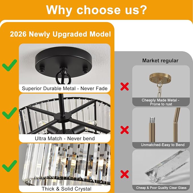 15" Modern Crystal Chandelier for Dining Room, No Assembly Required 4-Light Black Dining Room Light Fixture Over Table, Hanging Pendant Lights Fixture for Kitchen Island Living Room Foyer Entryway