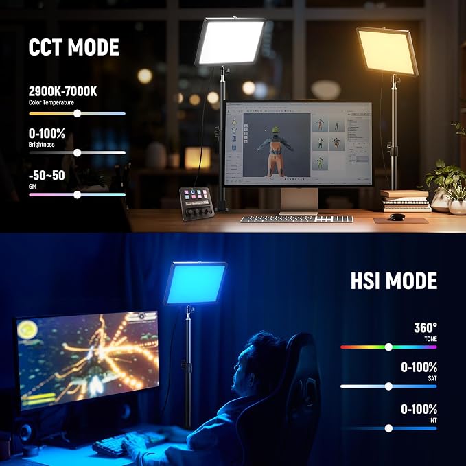 NEEWER GL25C LED RGB Streaming Key Light, APP/PC Control 25W 2500Lux/0.5m 2900K-7000K CRI95+/TLCI97+ Full RGB Dimmable Edge Emitting Silent Webcam Video Light with Desk Stand